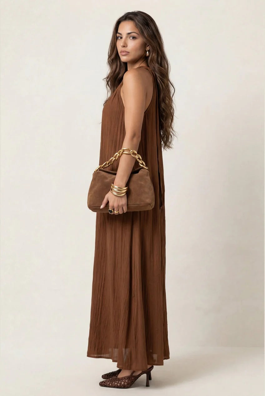 Braided Neck Trim Maxi Dress Tan 40DRS38825-c18