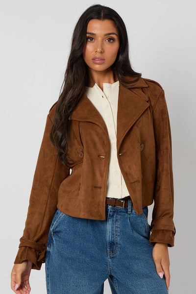 Brown - Brown Cropped Faux Suede Jacket by Urban Bliss