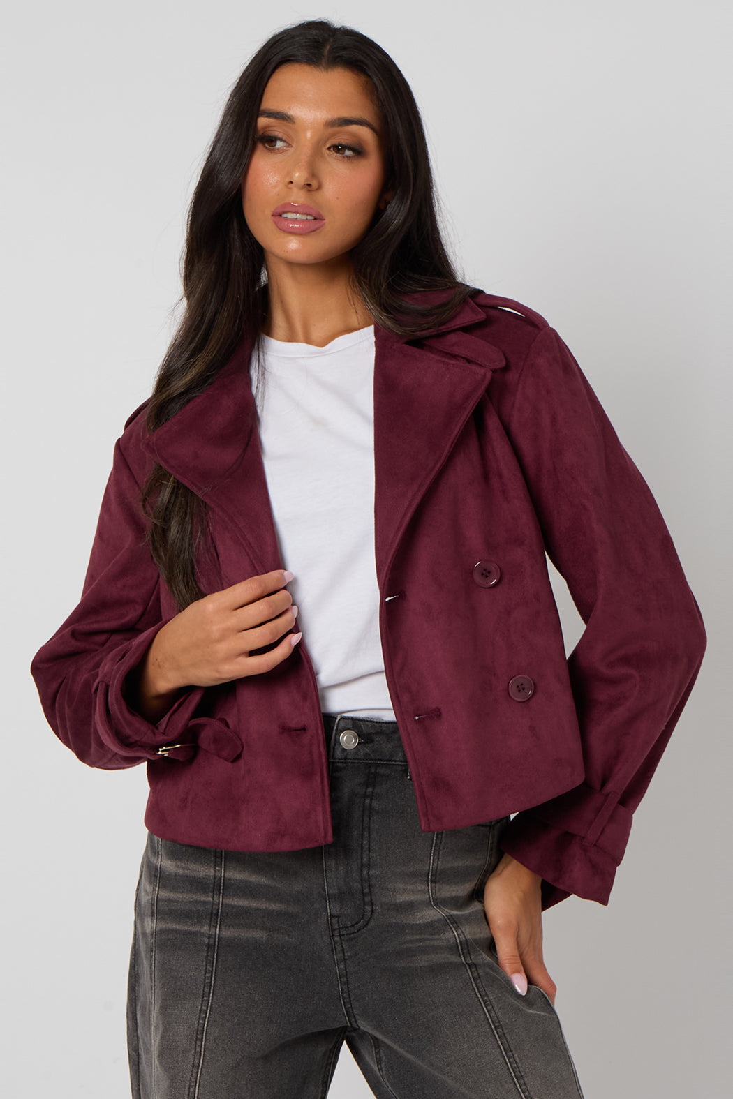 Plum Cropped Suede Trench 40JKT37123-c57
