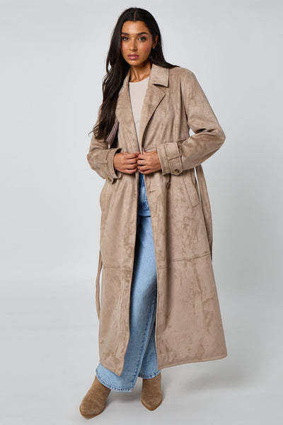 Stone - Stone Faux Suede Trench Coat by Urban Bliss