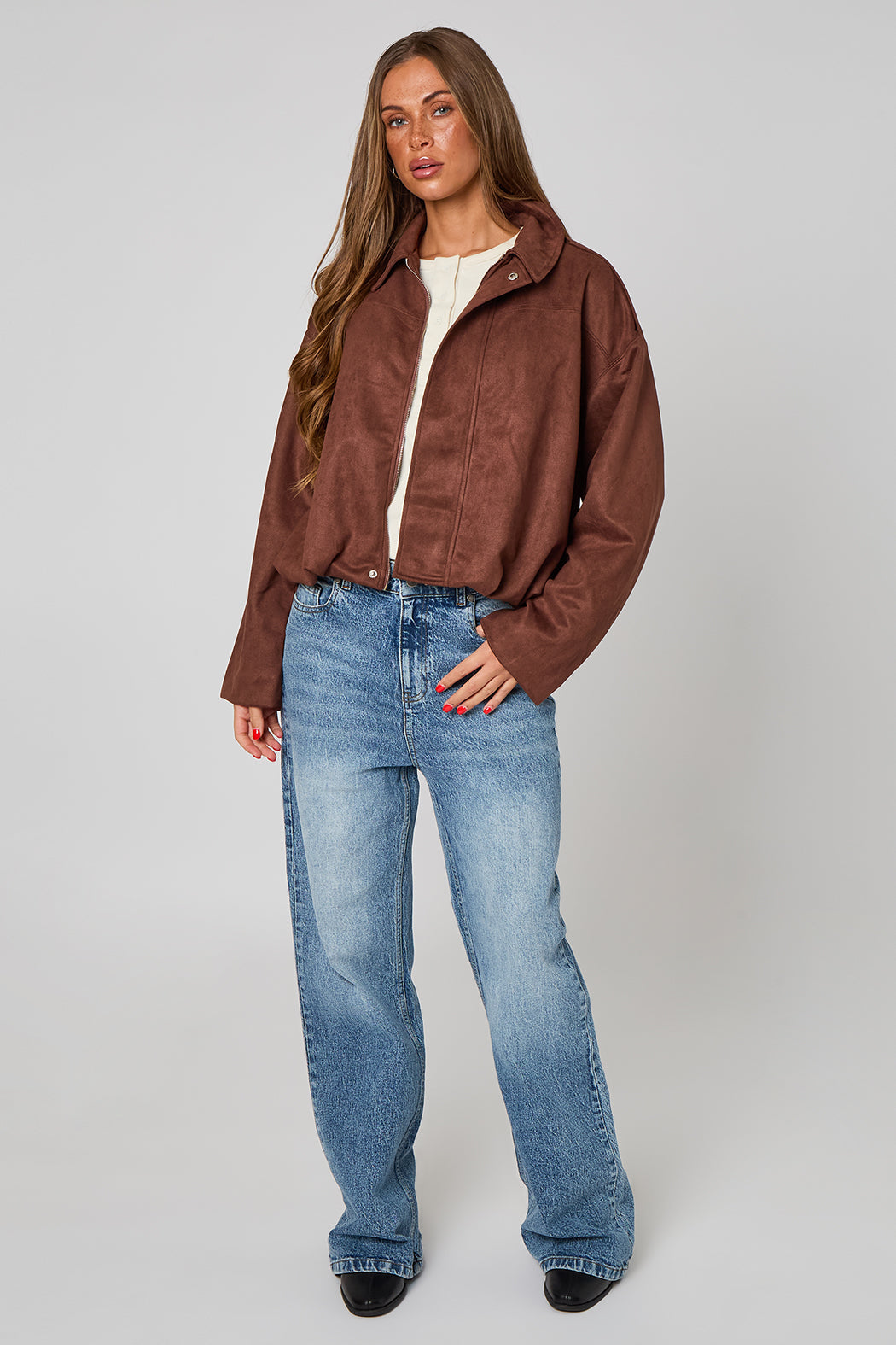 Chocolate Suede Collared Bubble Hem Jacket 40JKT37942-c24