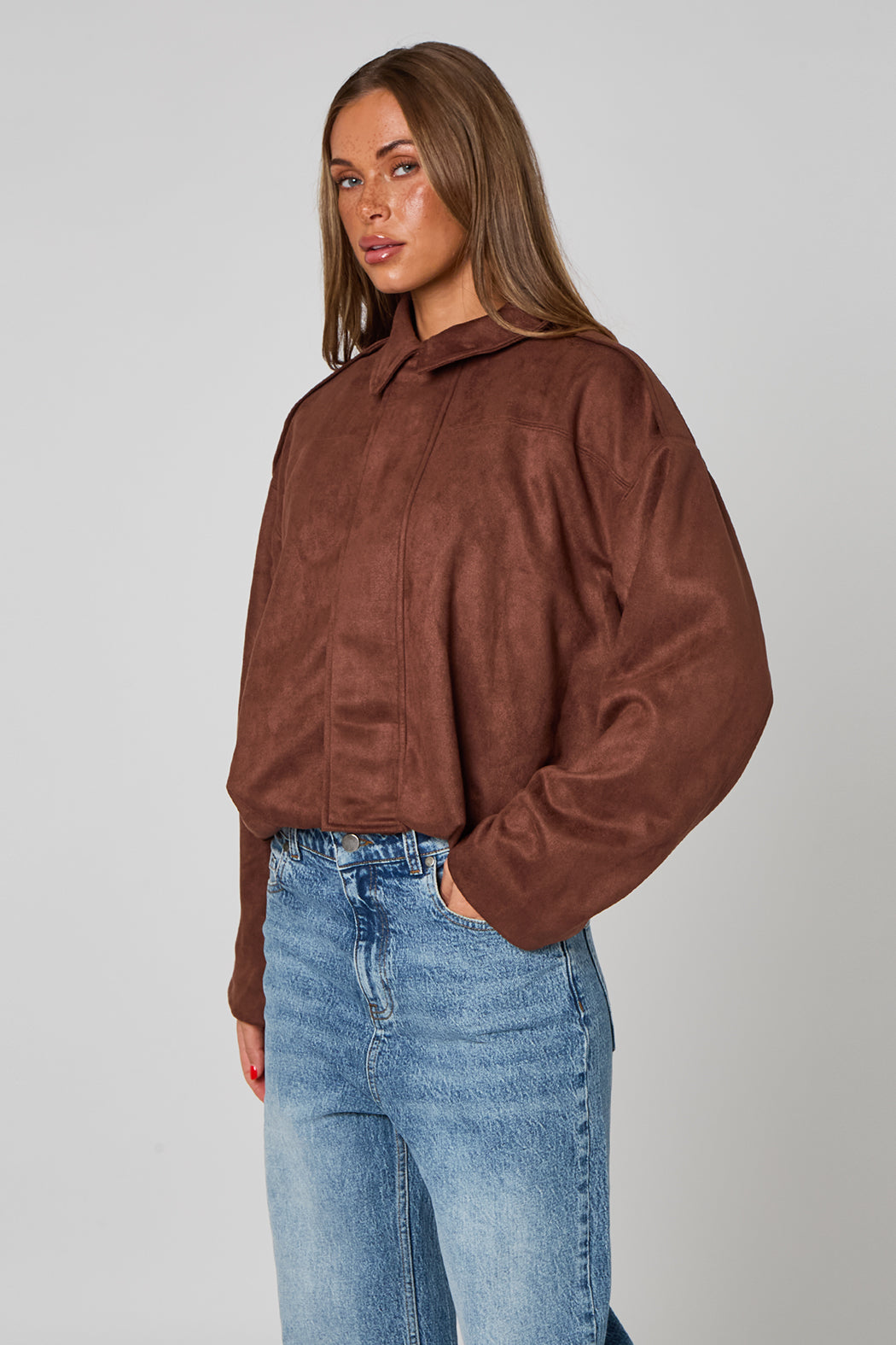 Chocolate Suede Collared Bubble Hem Jacket 40JKT37942-c24