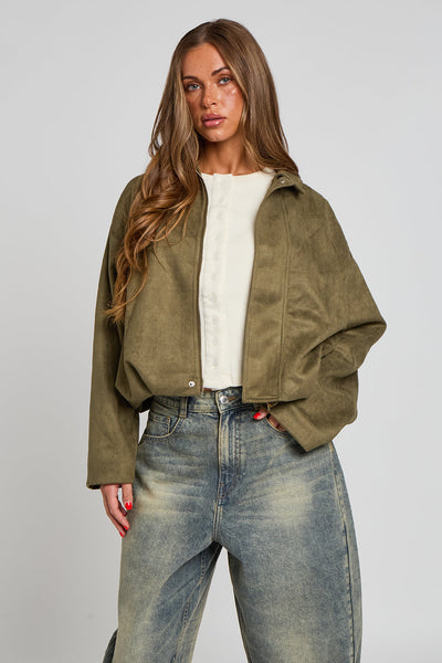 Khaki - Khaki Collared Bubble Hem Jacket by Urban Bliss