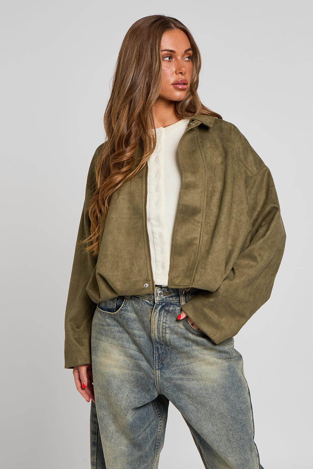 Khaki Suede Collared Bubble Hem Jacket 40JKT37942-c33