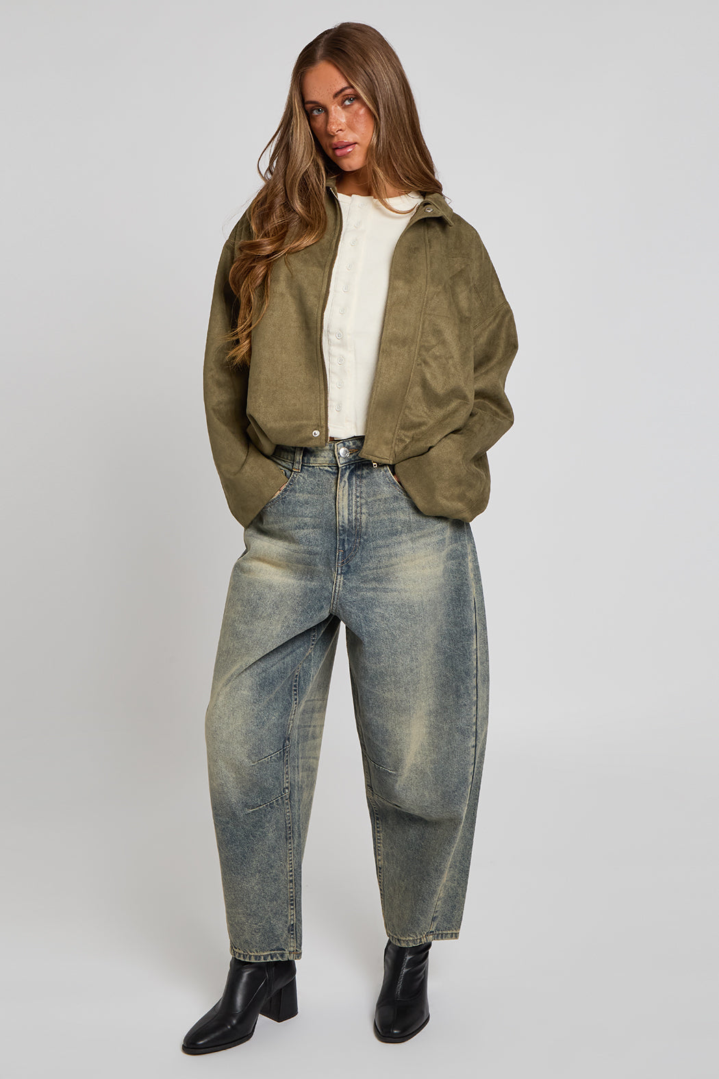 Khaki Suede Collared Bubble Hem Jacket 40JKT37942-c33