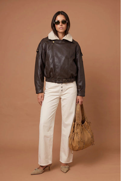 Chocolate - Borg PU Bomber Jacket Chocolate by Urban Bliss