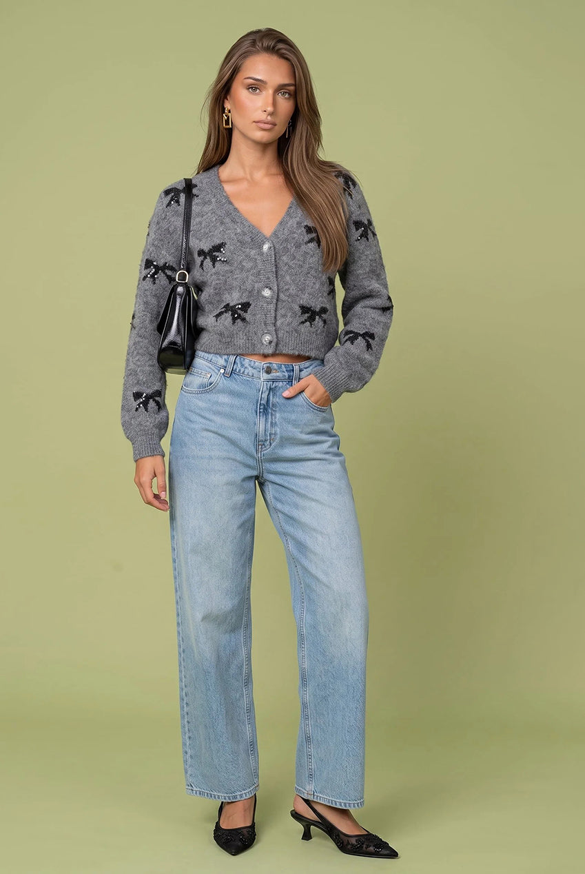 Wool Blend Sequin Bow Cardigan 40KW37877