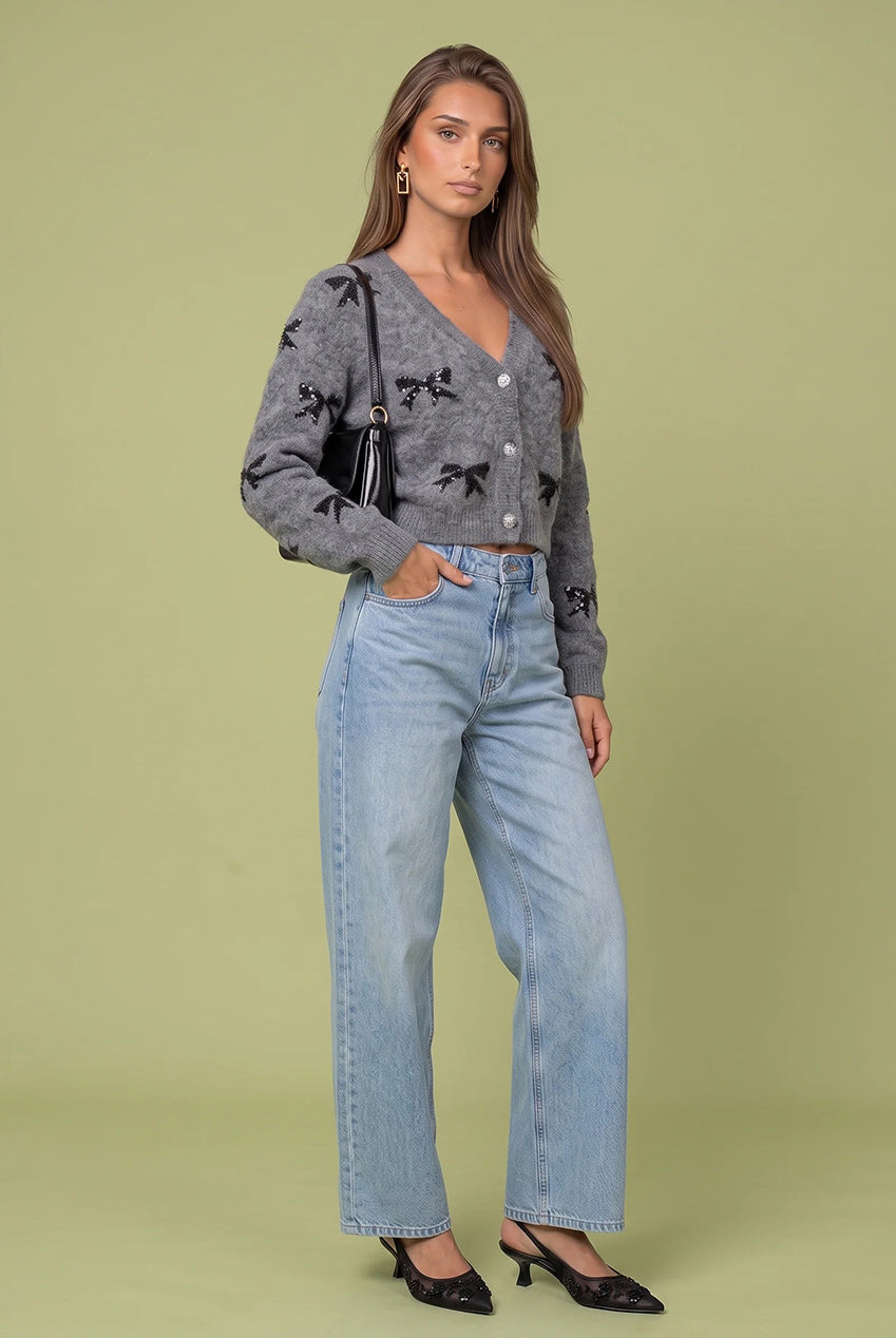 Wool Blend Sequin Bow Cardigan 40KW37877