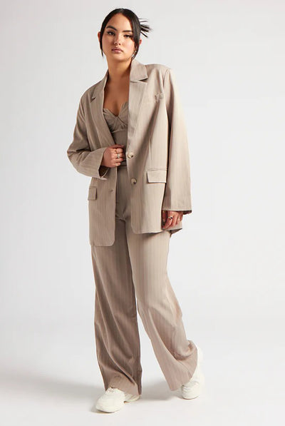 Beige - Striped Blazer by Urban Bliss