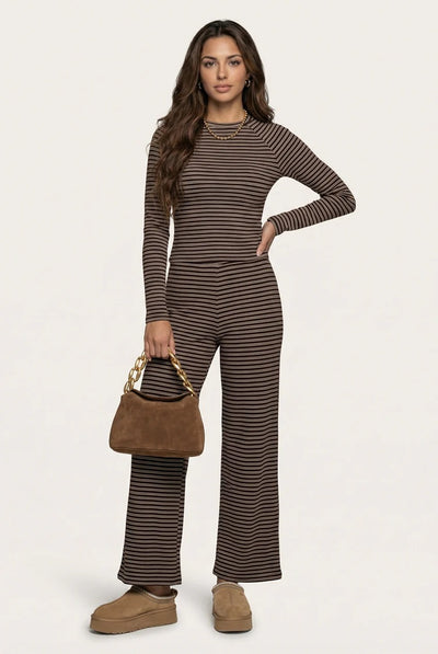 Chocolate - Jersey Striped Wide Leg Trouser Chocolate by Urban Bliss