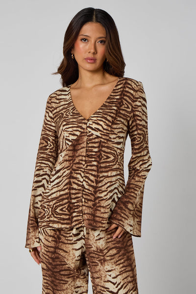 Brown - Zebra Button Front Top by Urban Bliss