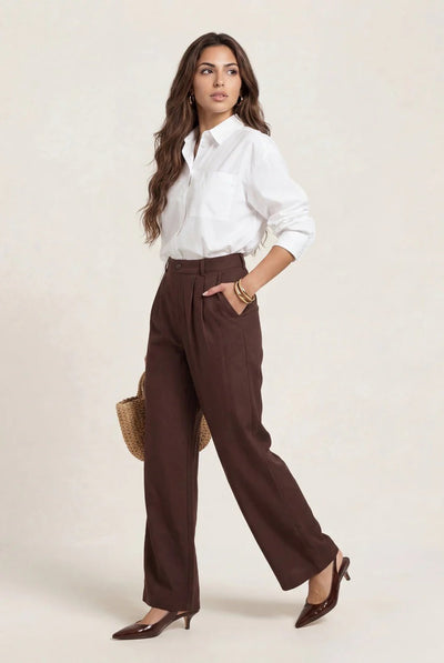 Brown - Linen Blend Wide Leg Trouser by Urban Bliss
