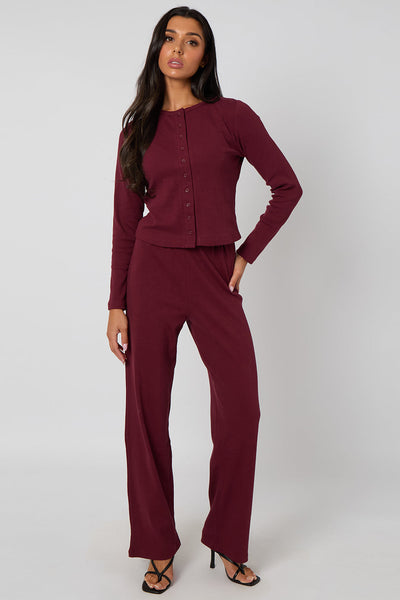 Burgundy - Burgundy Ribbed Wide Leg Trouser by Urban Bliss