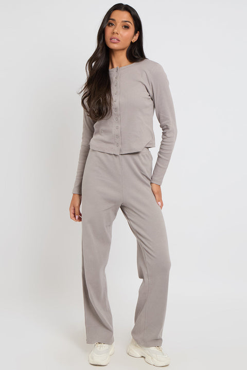 Grey Ribbed Wide Leg Trouser by Urban Bliss