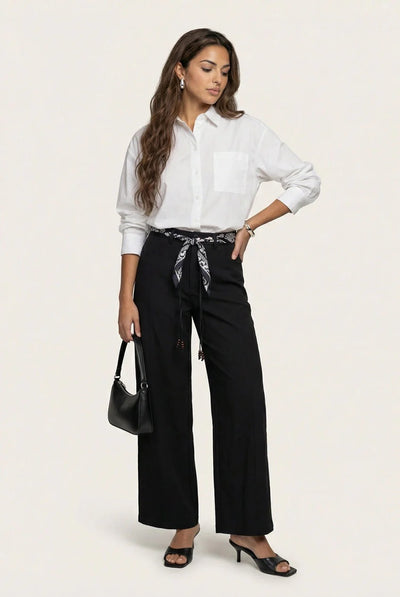 Black - Belted Barrel Leg Trouser Black by Urban Bliss