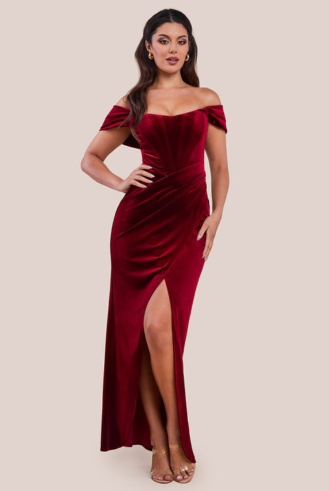 Draped Shoulder Velvet Corset Maxi Dress - Wine DR4044