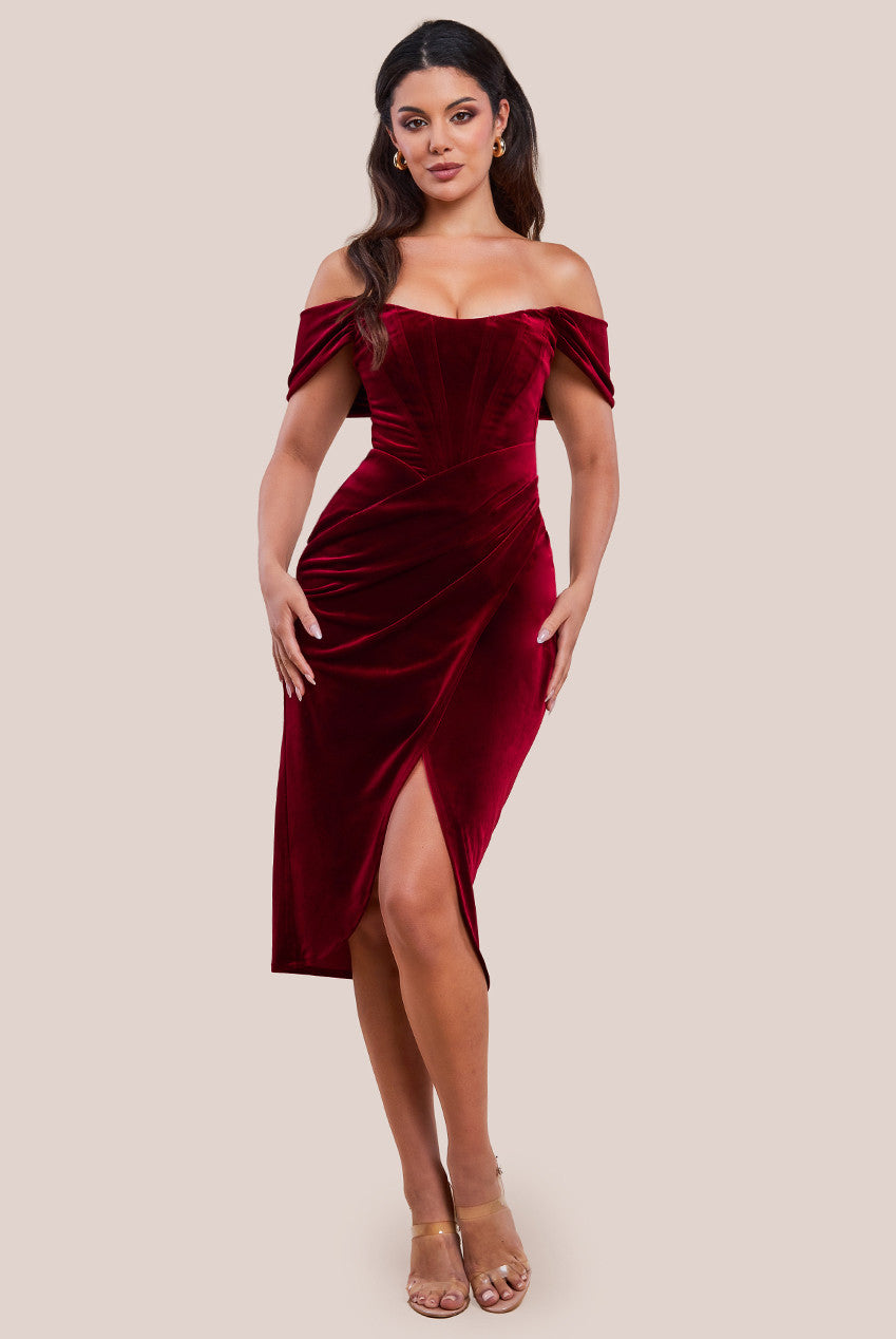 Draped Shoulder Velvet Corset Midi Dress - Wine DR4066