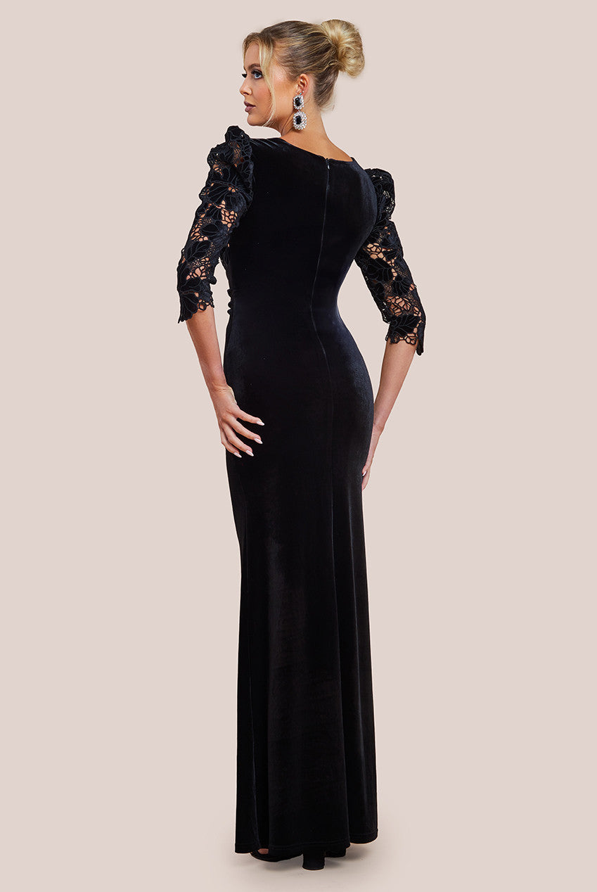 Scalloped Velvet Crochet Maxi Dress - Black DR4386