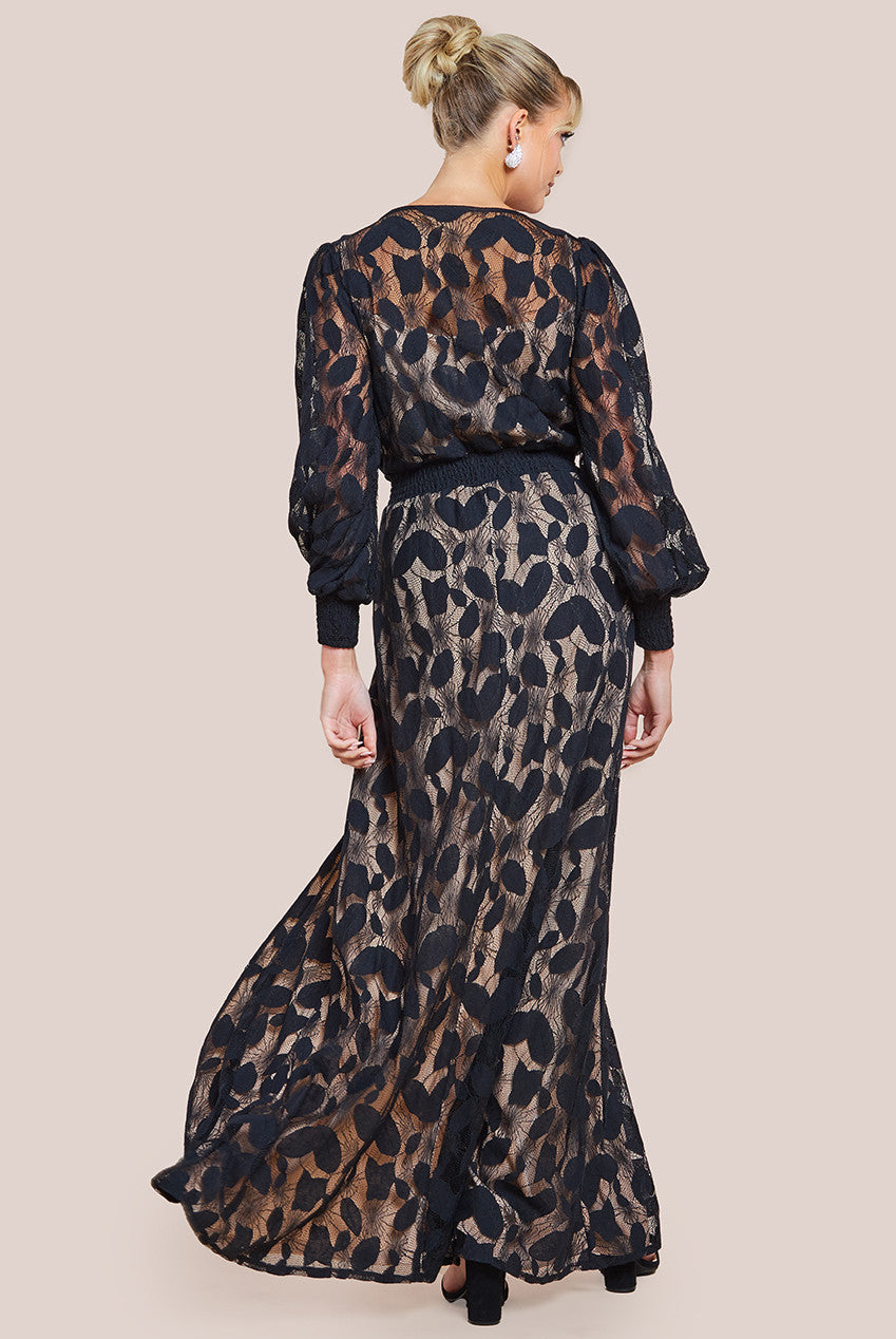 Lace Front Split Long Sleeve Maxi Dress - Black DR4476