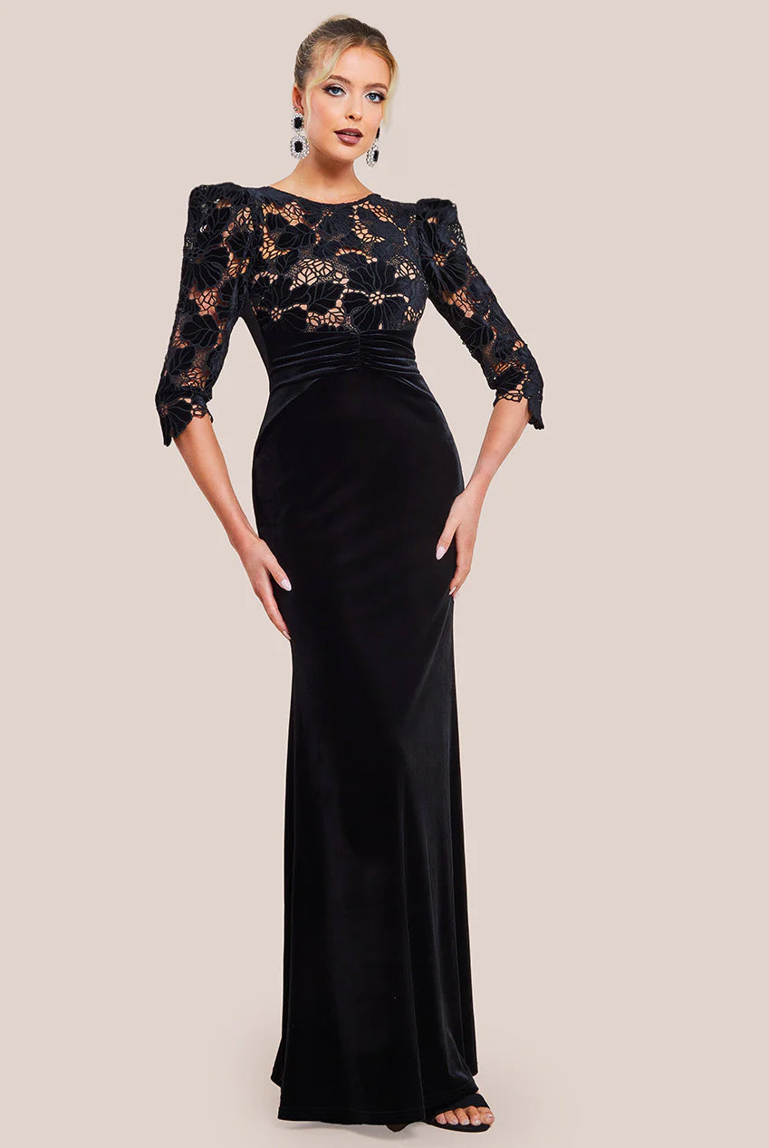 Scalloped Velvet Crochet Maxi Dress - Black DR4386