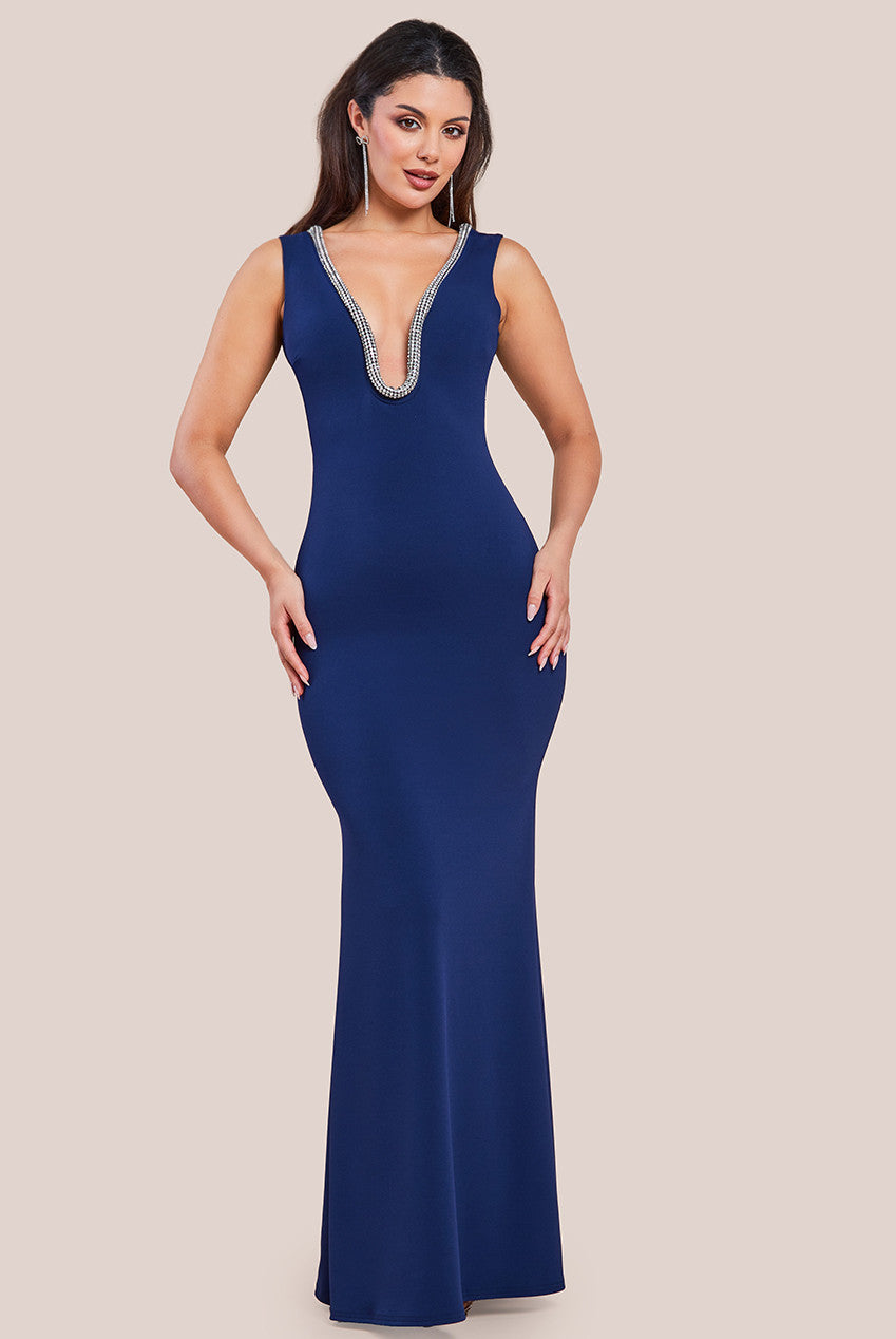 Diamante Embellished Super Plunge Scuba Maxi Dress - Navy DR4423