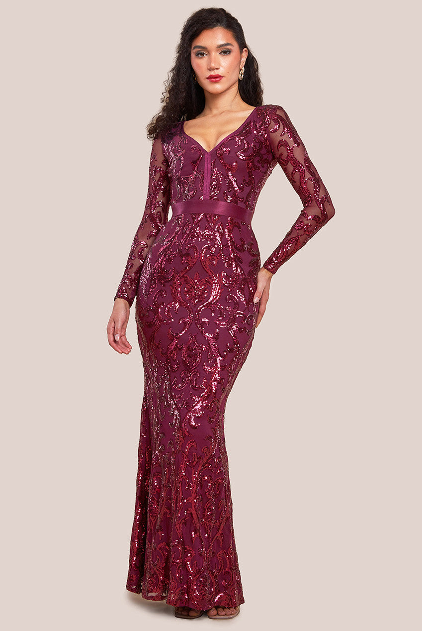 Embroidered Sequin & Mesh Maxi Dress - Burgundy DR2558