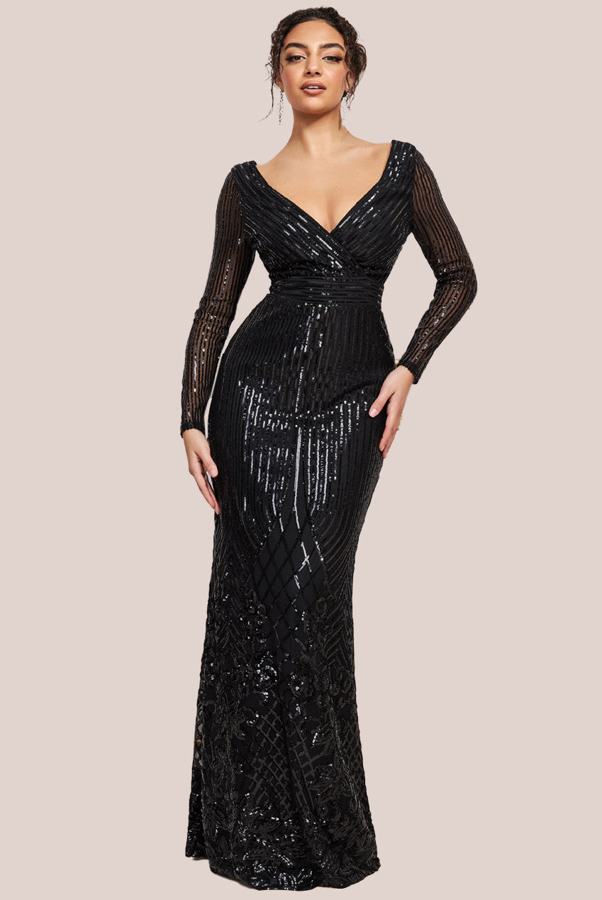 Long Sleeve Sequin V Wrap Maxi Dress - Black DR3485