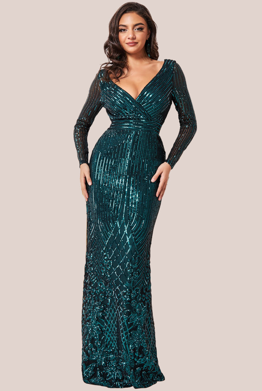 Long Sleeve Sequin V Wrap Maxi Dress - Emerald Green DR3485