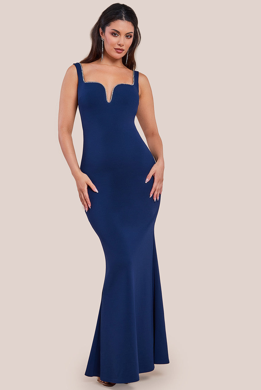 Embellished Diamante Trim Square Neck Scuba Maxi Dress - Navy DR4253