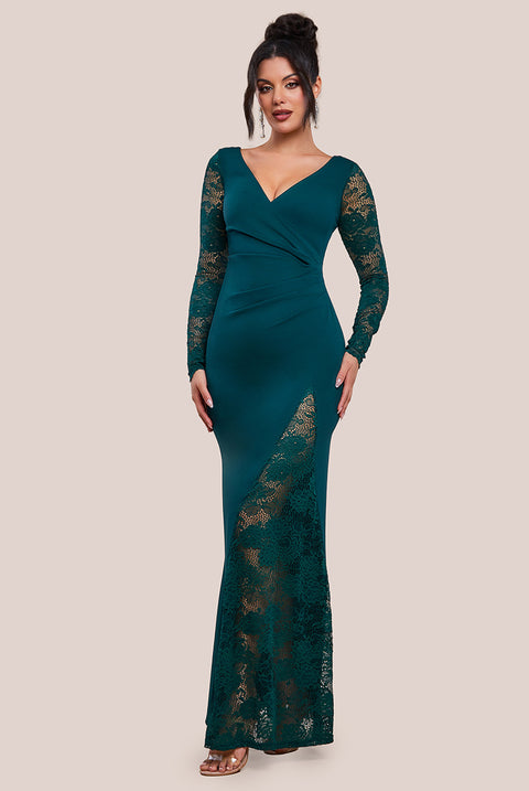 Scuba & Lace Wrap Maxi Dress - Emerald DR4366