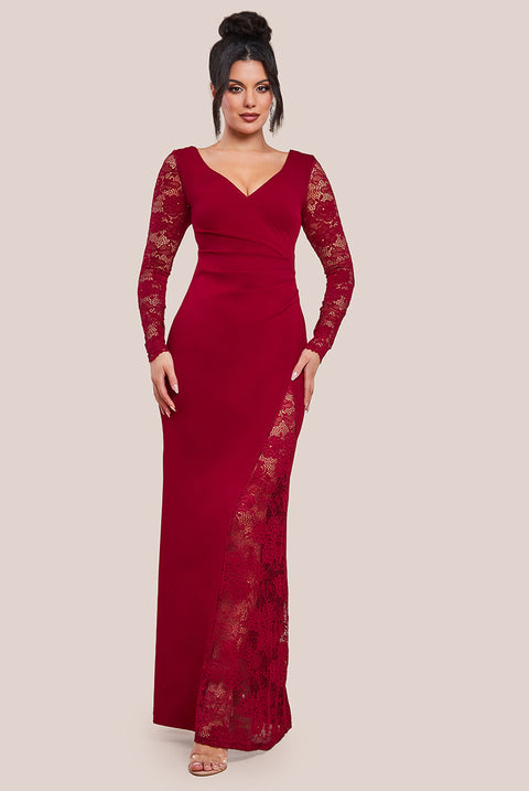 Scuba & Lace Wrap Maxi Dress - Wine DR4366