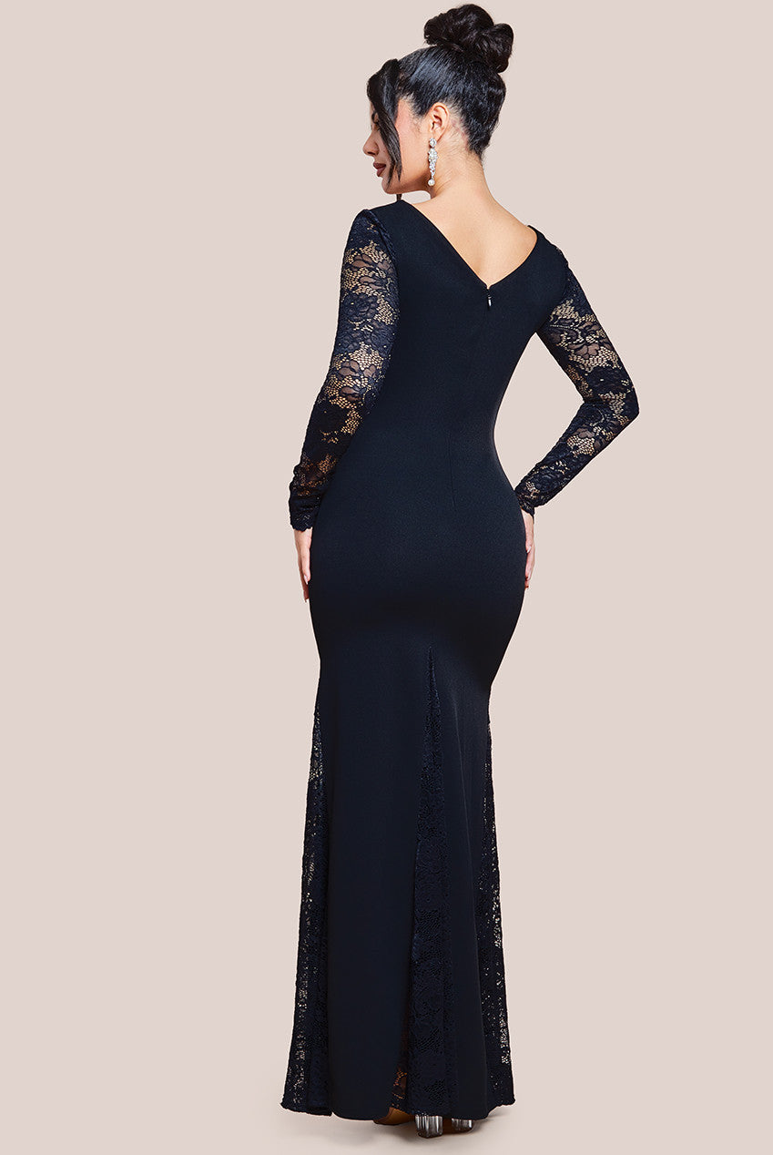 Scuba & Lace Long Sleeve Maxi Dress - Black DR4368