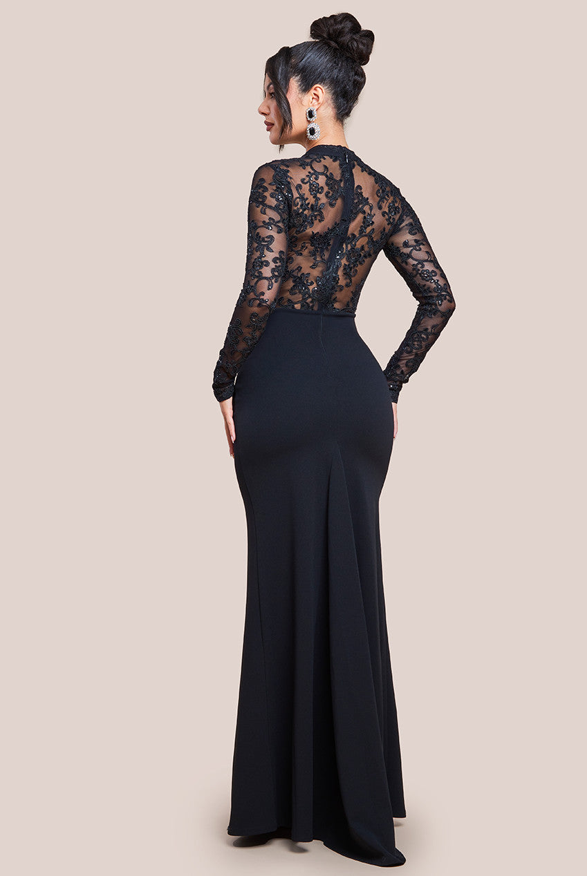 Sequin & Mesh Bodice Scuba Maxi Dress - Black DR4391