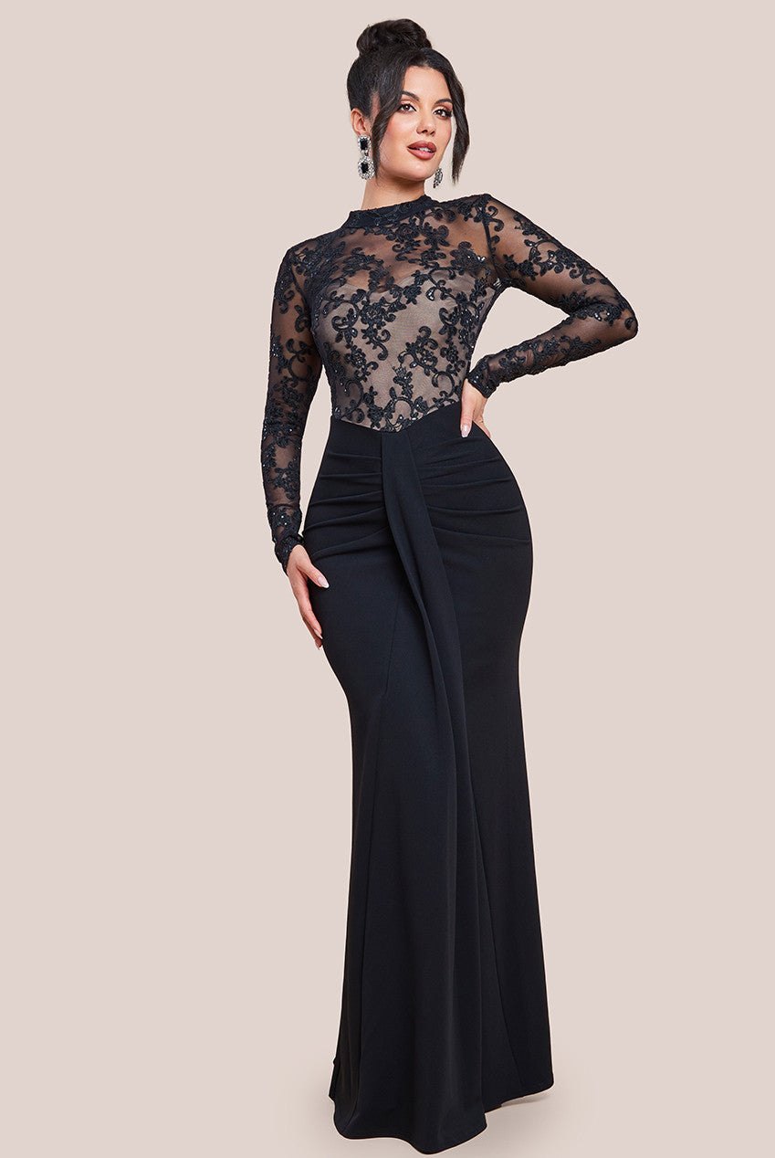 Sequin & Mesh Bodice Scuba Maxi Dress - Black DR4391