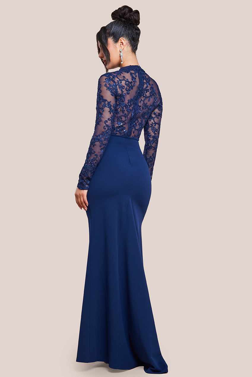 Sequin & Mesh Bodice Scuba Maxi Dress - Navy DR4391