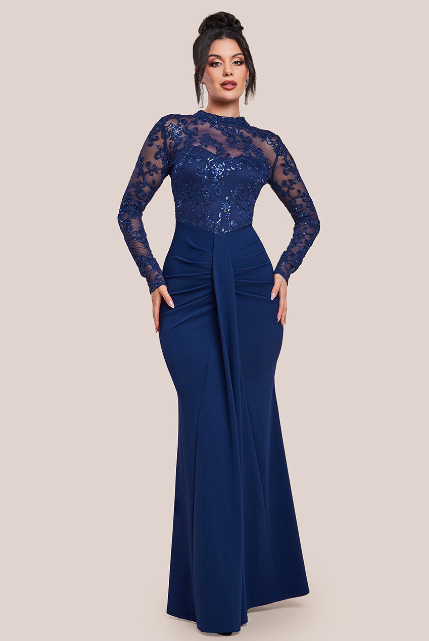 Sequin & Mesh Bodice Scuba Maxi Dress - Navy DR4391