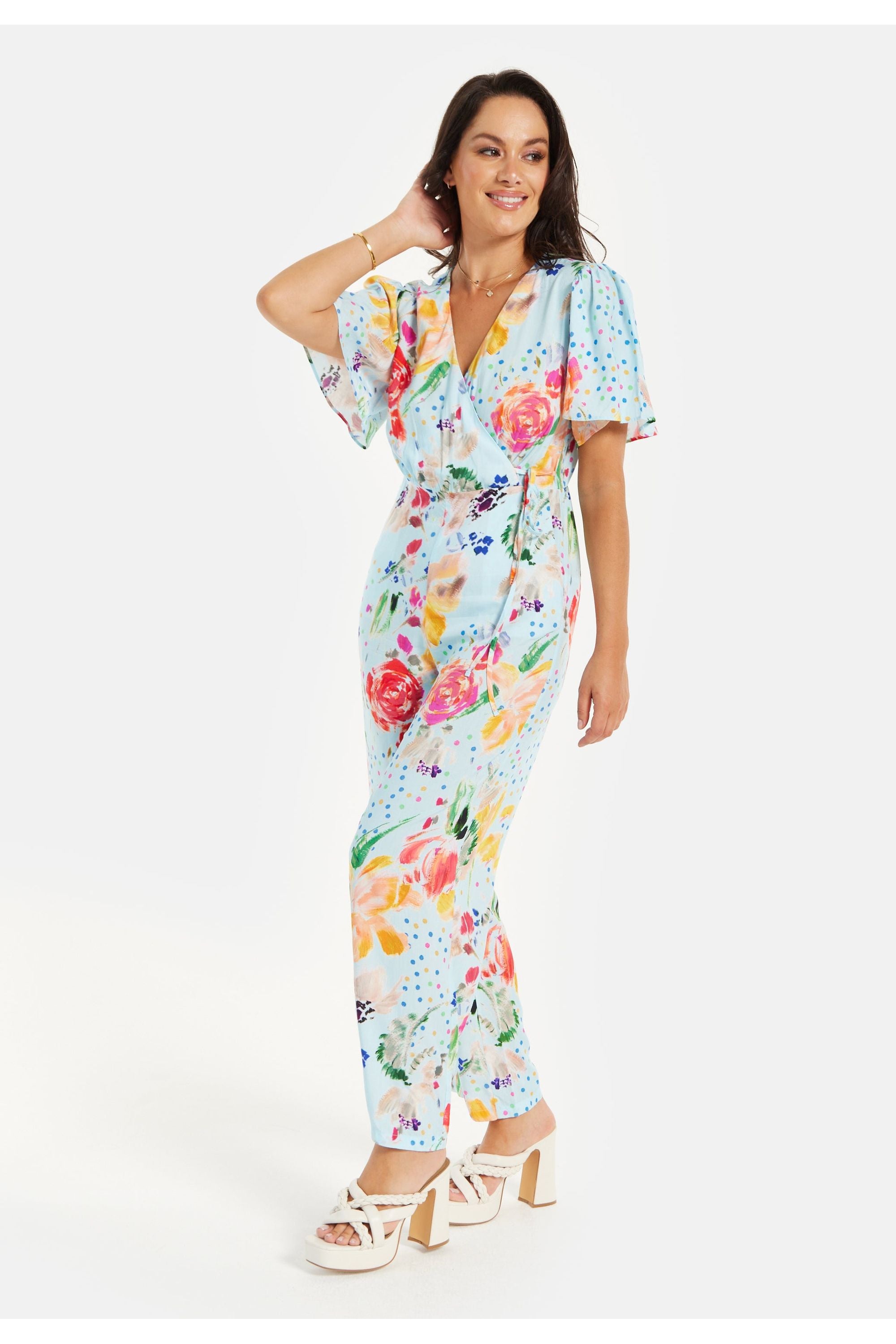 Blue Floral Print Jumpsuit With Wide Legs LIQ23SS158