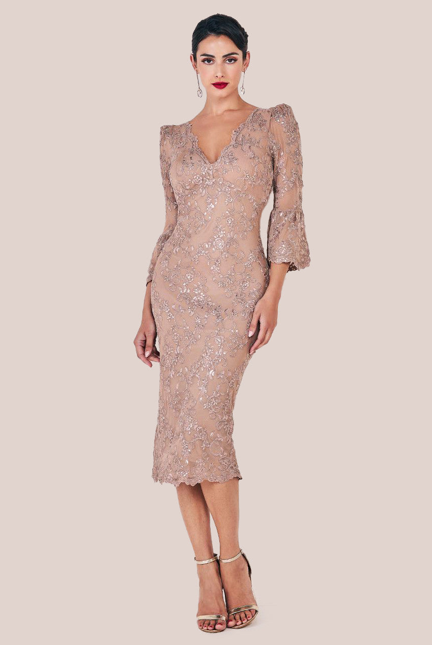 Sequin Scallop Lace Midi Dress - Champagne DR3960