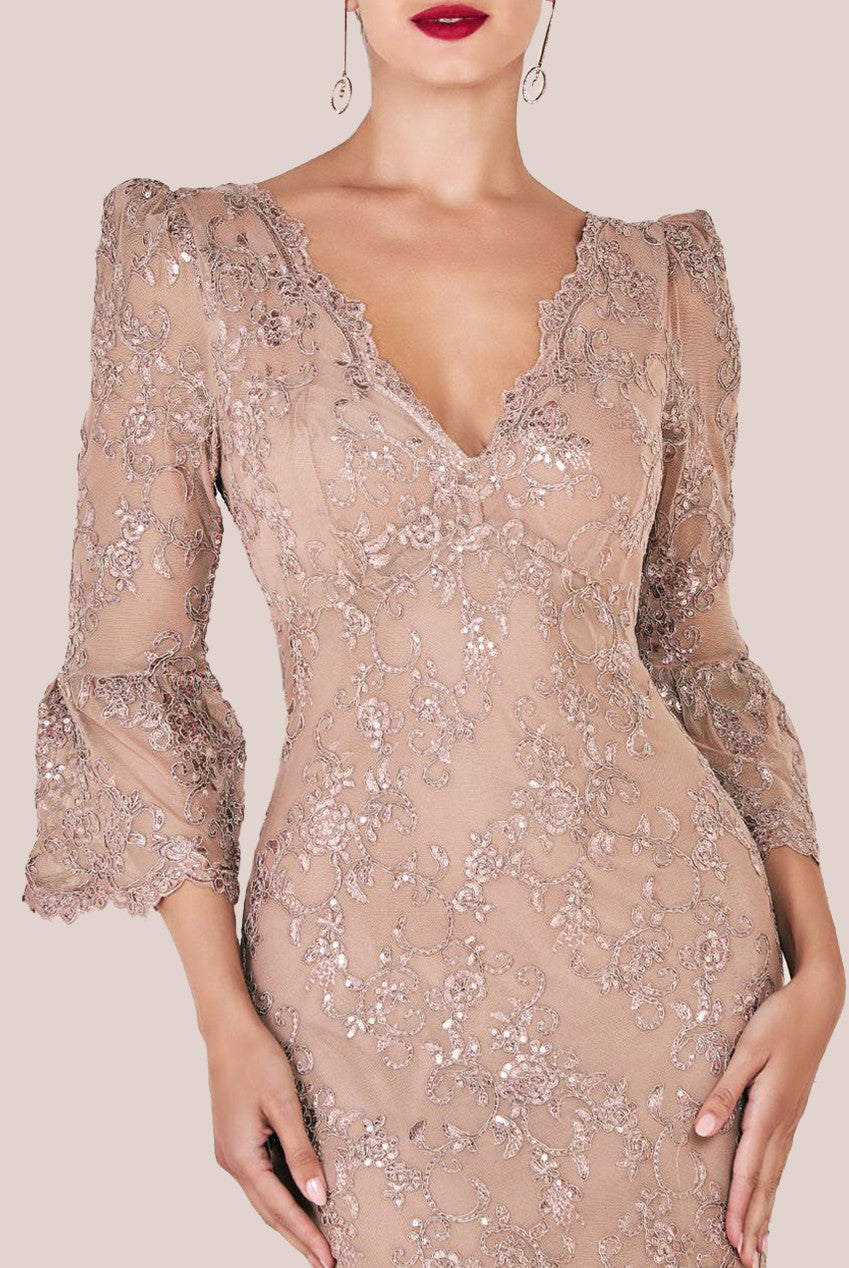 Sequin Scallop Lace Midi Dress - Champagne DR3960