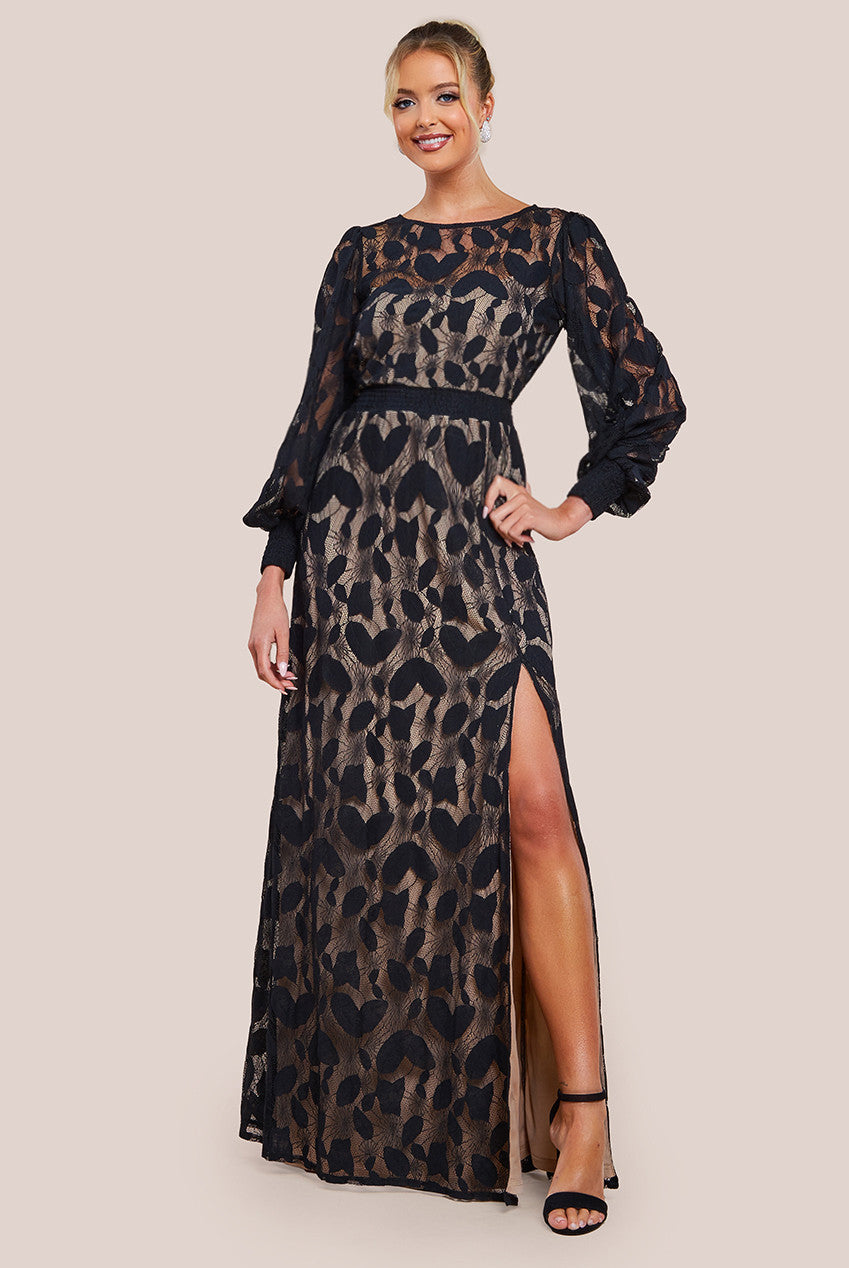 Lace Front Split Long Sleeve Maxi Dress - Black DR4476