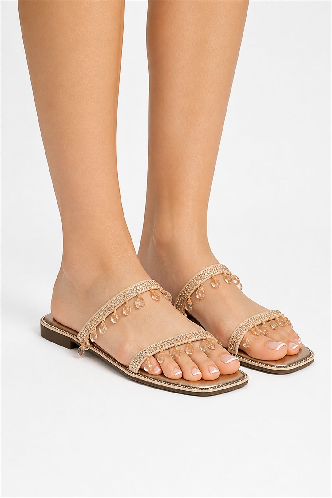 Maddie 2 Band Gemstone Droplet Flat Sliders In Champagne 1008-CHAM