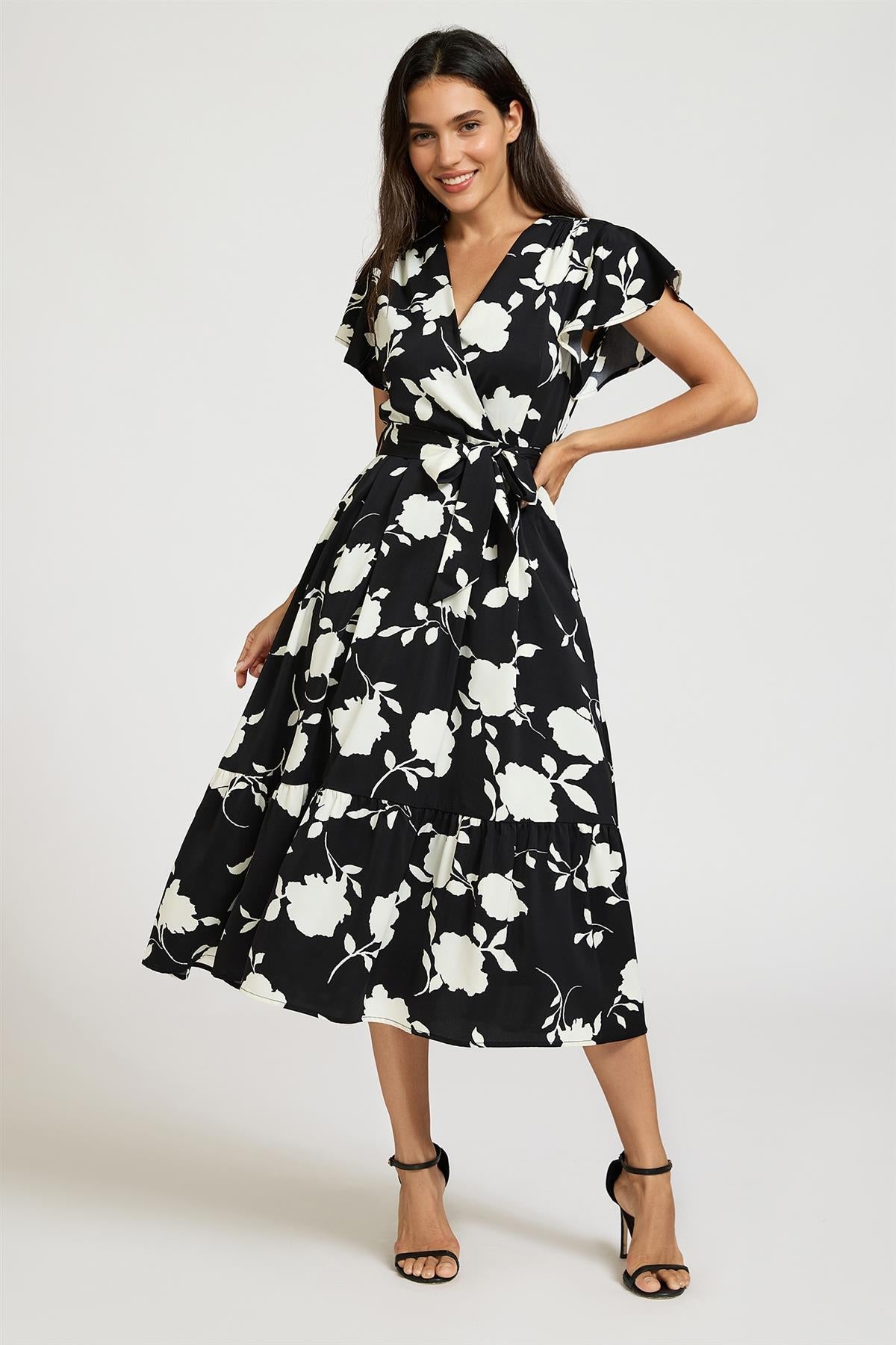 White Floral Print Wrap Top Belted Midi Dress In Black FS989