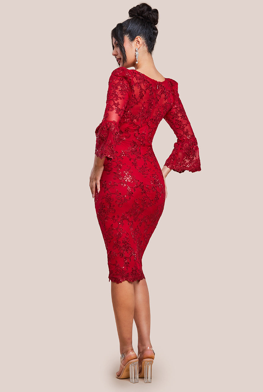 Sequin Scallop Lace Midi Dress - Red DR3960