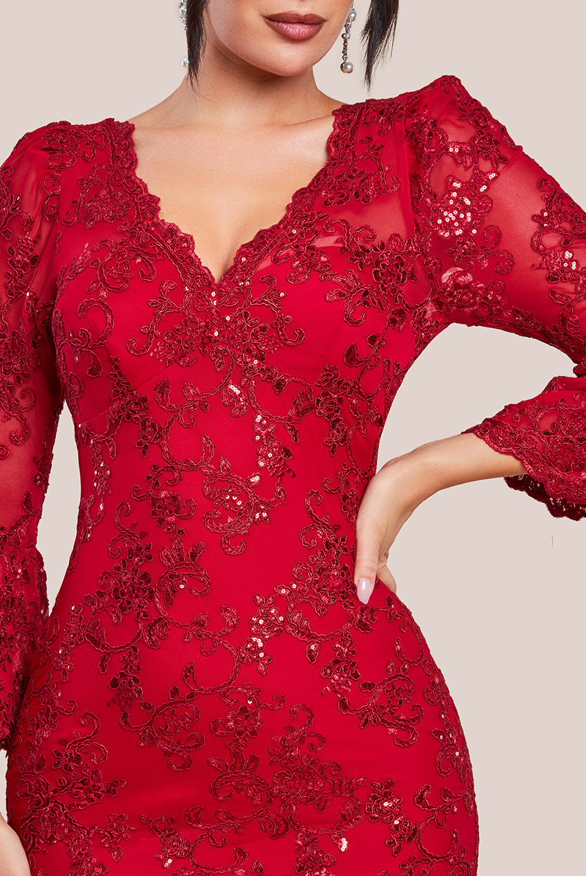 Sequin Scallop Lace Midi Dress - Red DR3960