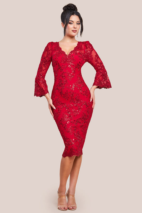 Sequin Scallop Lace Midi Dress - Red DR3960