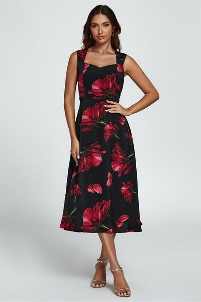 Black - Floral Print Heart Neck Midi Dress In Black by FS Collection