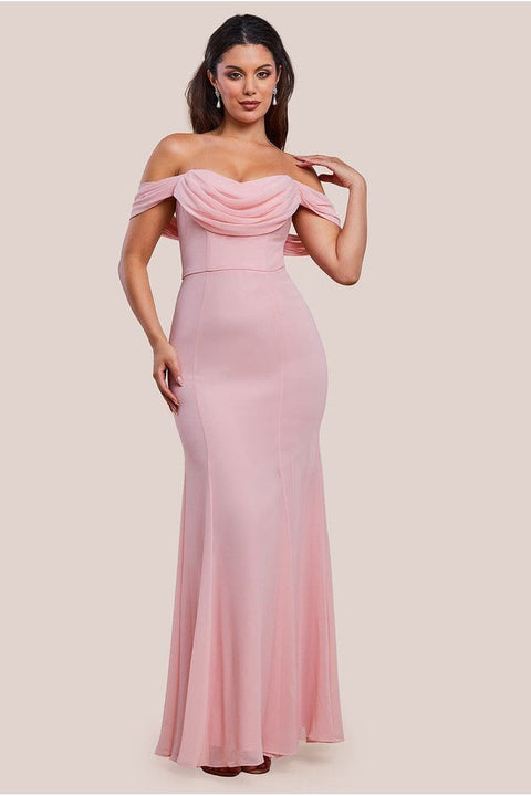 Chiffon Bardot Cowl Neck Maxi Dress - Blush by Goddiva