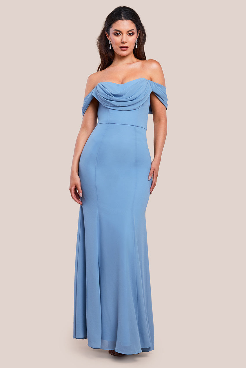 Chiffon Bardot Cowl Neck Maxi Dress - Duskyblue DR2781A