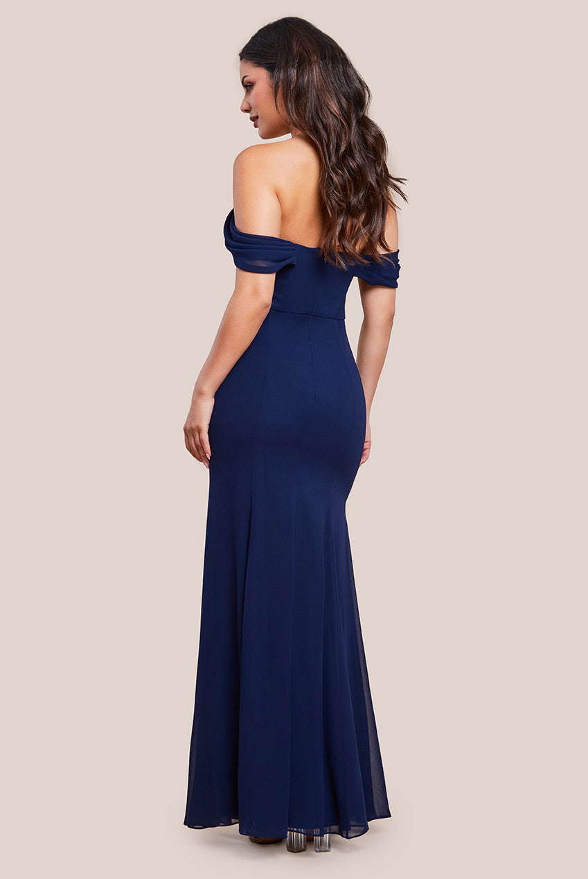 Chiffon Bardot Cowl Neck Maxi Dress - Navy DR2781A