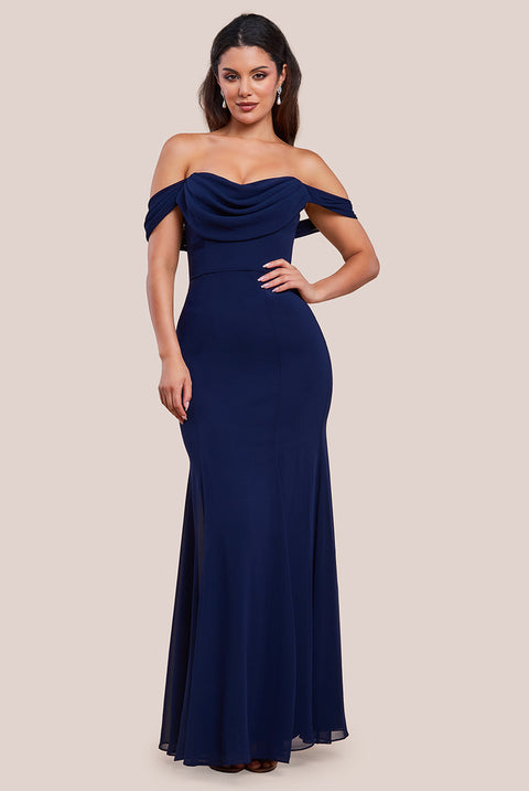 Chiffon Bardot Cowl Neck Maxi Dress - Navy by Goddiva